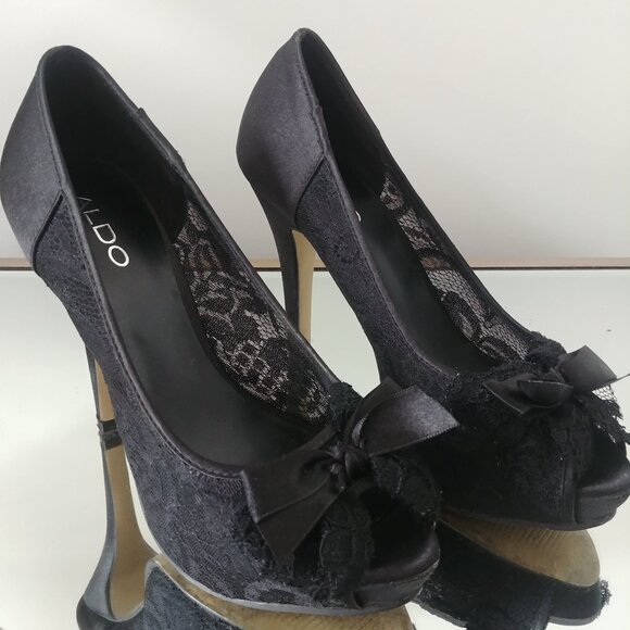 Black Satin Aldo High Heels Lace Bow Size 38 - Picture 1 of 8